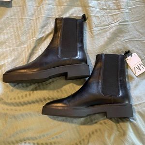 NWT Zara Leather Square Toe Boots